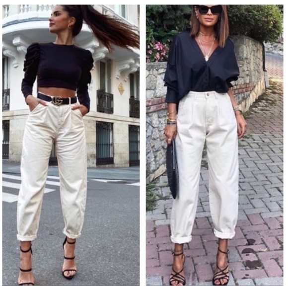 Zara Off-White High-Waisted Trousers - Picture 1 of 4